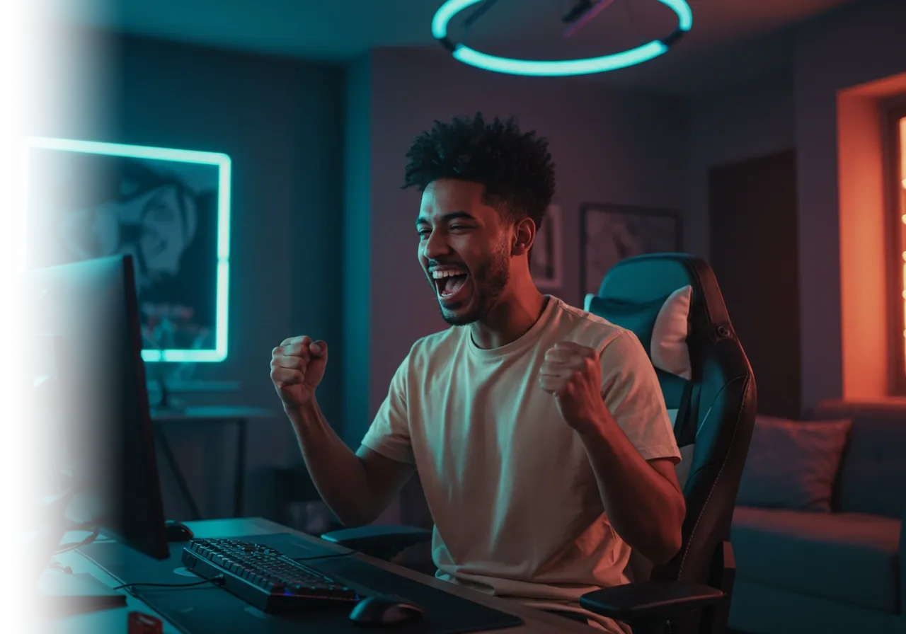 Man playing online games and celebrating his victory.